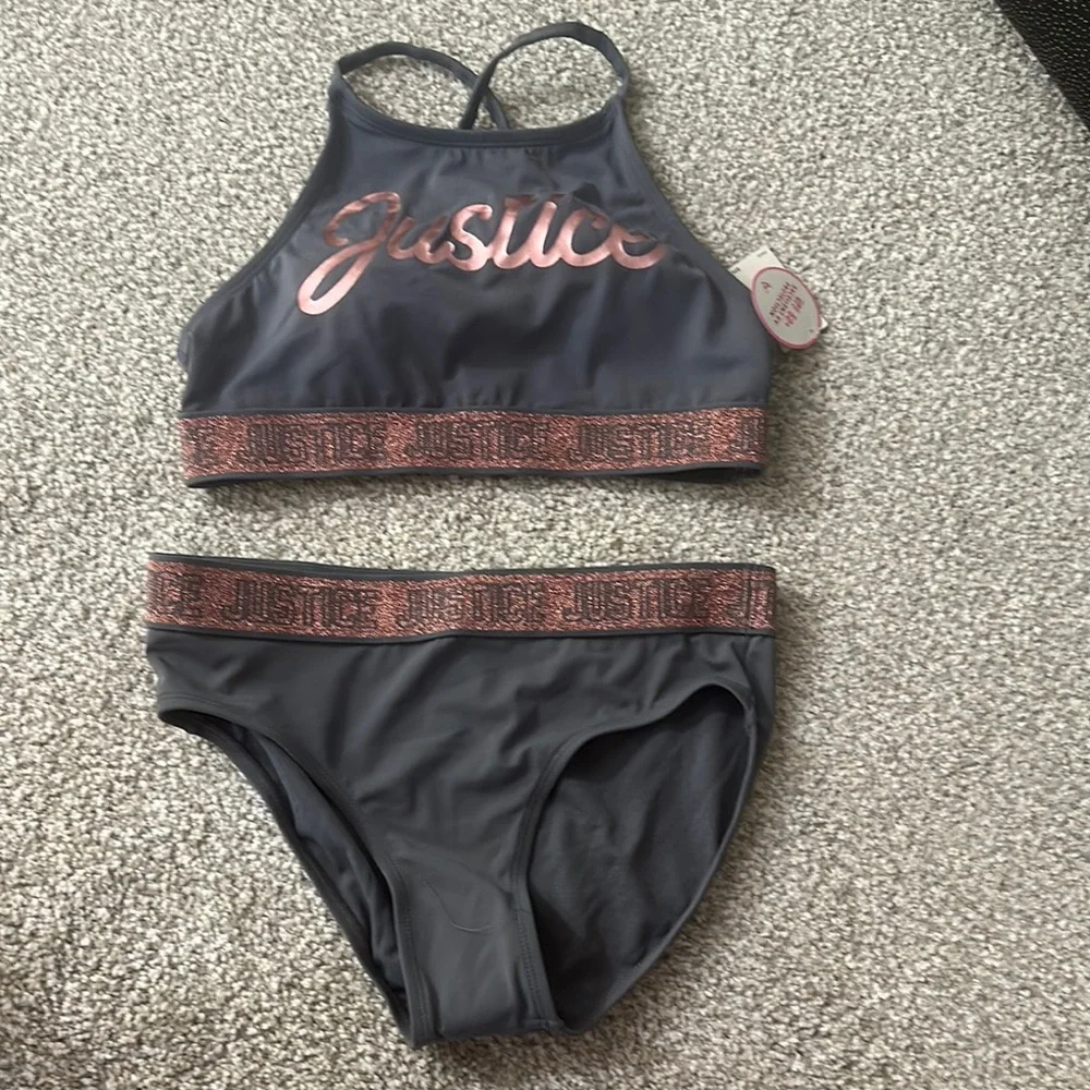 Justice Gray Athletic Bikini Set Metallic Glitter pink Size Young 18